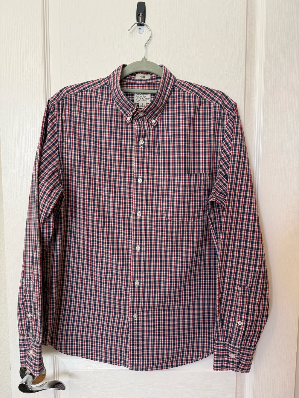 J. Crew Men's Navy and Red Plaid Button-Down Shirt